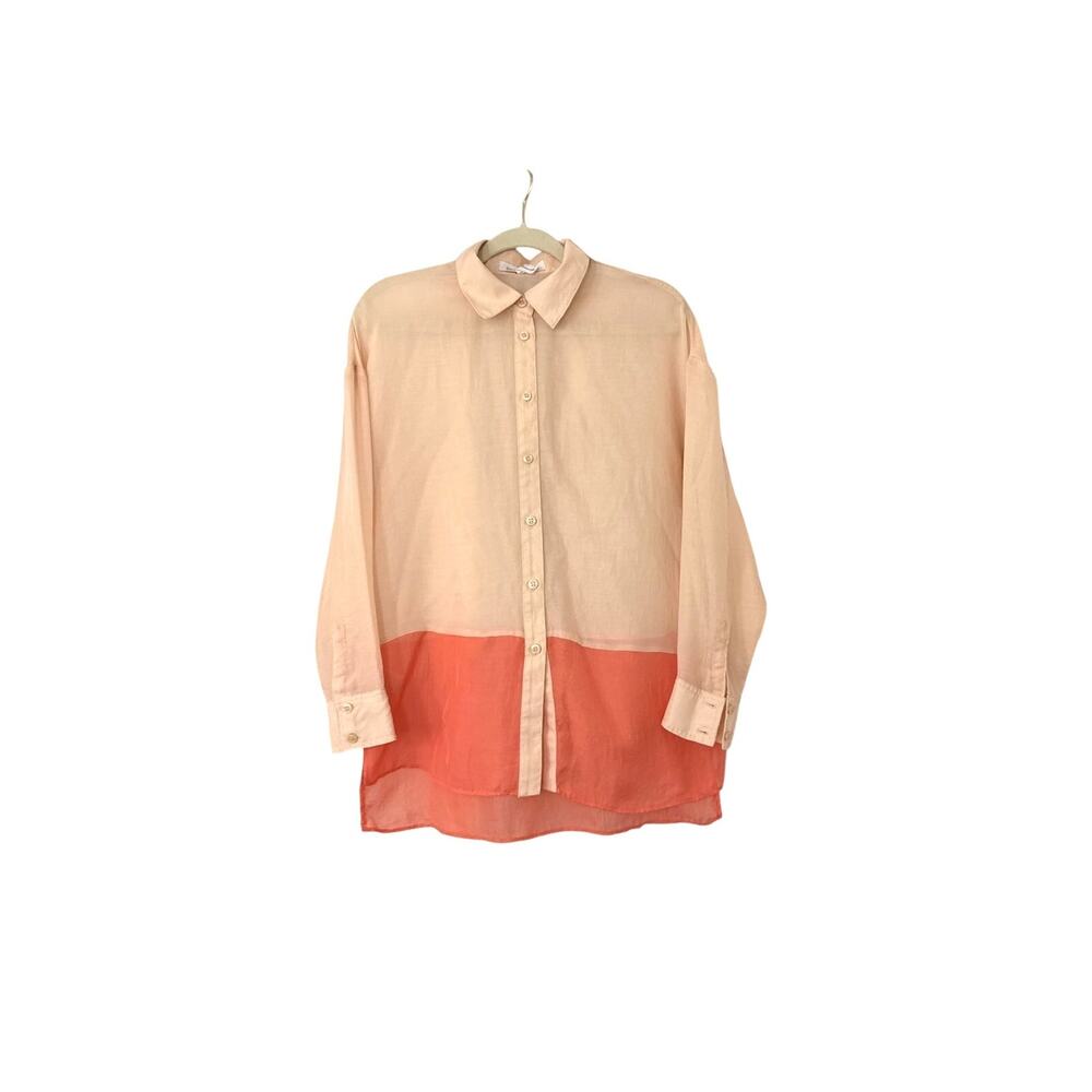 BCBGeneration Color Block Coral Orange Pink Linen Button Down Blouse Size XS
